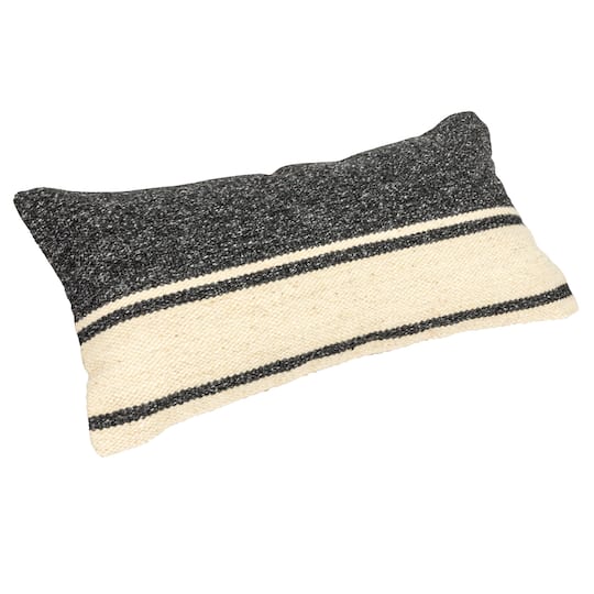 Charcoal &#x26; Natural Stripes Woven Wool Blend Kilim Lumbar Pillow